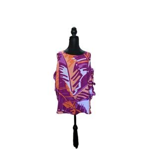 Bold Elements Womens M Bright Purple Tropical Print Cutout Sleeves Vacation Top